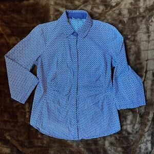 Lafayette 148 Size 8 Blue/White Mini Print Button Front‎ Blouse Ruched Sides FS